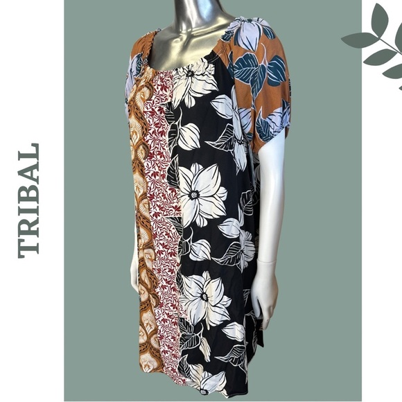 Tribal Dress With Bubble Sleeves Swimsuit Cover Up Black Brown Blue - Picture 5 of 8